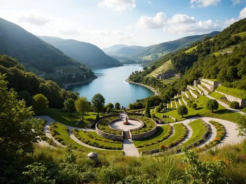 Rolling hills, lush greenery, serene lake views, amphitheater structures, tiered seating, natural stone walls, wooden benches, scenic overlooks, walking trails, meandering streams, rustic bridges, vib