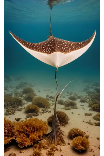 Stingray, underwater, ocean floor, dark blue water, sandy sediment, scattered seaweed, sharp tail, white belly, brown back, fins spread wide, looking up, 3/4 composition, shallow depth of field, warm 