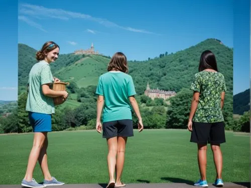 Eine Zeichnung von Bill Denny in sattem Grasgrün: Die Skyline der Malvern Hills bei Great Malvern leuchtet hell gegen den blauen Himmel darüber. Die Gebäude sind eine bunte Mischung aus tiefen Grautön