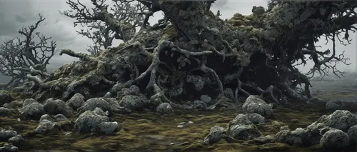 swampy landscape,ghost forest,elven forest,the roots of trees,mandelbulb,creepy tree,the roots of the mangrove trees,gnarled,haunted forest,fallen giants valley,volcanic field,karst landscape,crooked forest,strange tree,mushroom landscape,dragon tree,tree grove,dead wood,druid grove,volcanic landscape,Conceptual Art,Fantasy,Fantasy 33