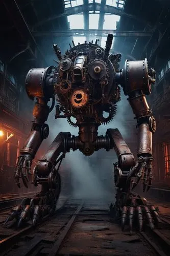 Mechanical beast, Zoltrak, massive size, dark metallic body, glowing blue eyes, sharp claws, powerful legs, steam punk details, intricate mechanical limbs, worn leather straps, rusty gears, industrial