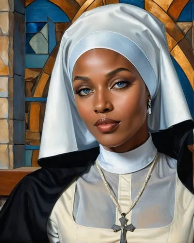 Portrait, blue eyes, beautiful medieval woman, in nun's habit, sitting in chapel in a convent, pious, nun, religious, safe.,the portrait depicts a woman wearing a nun suit with an ornate, cross neckla