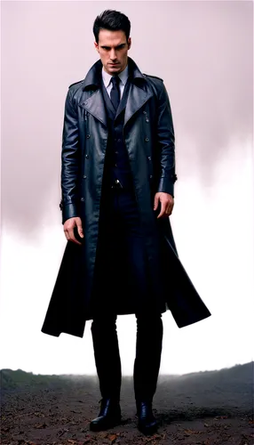 Man, gothic letters, mysterious atmosphere, muscular build, black hair, pale skin, intense eyes, sharp jawline, black leather trench coat, white shirt, black tie, dark pants, black boots, dramatic lig