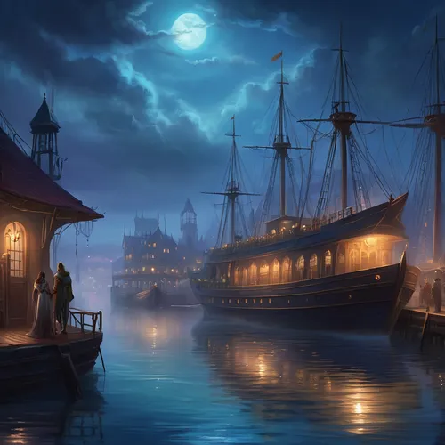 docks,fantasy picture,ghost ship,moonlit night,night scene,fantasy landscape,galleon ship,pirate ship,harbor,world digital painting,galleon,sea fantasy,wooden pier,viking ships,light of night,boat harbor,moonlit,fantasy art,docked,monkey island,Illustration,Realistic Fantasy,Realistic Fantasy 01