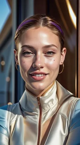 woman face model,  brunette, suit, sides, angular cheekbones,  Strong and angular mandibule, big smile, Modern sport,woman face model, the woman is dressed in white and poses,padme,organa,vecci,bajora