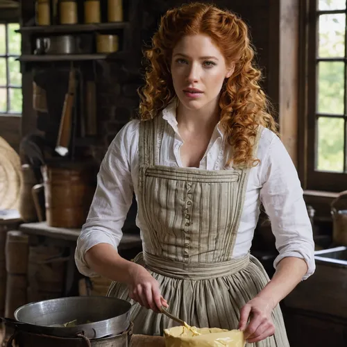 Colonial America, 1760’s,Rachelle Lefevre, churning butter in the Colonial Ketchen, Williamsburg, Virginia, Wearing 1760’s Apron, working dress, The image captivates with its high definition, capturin