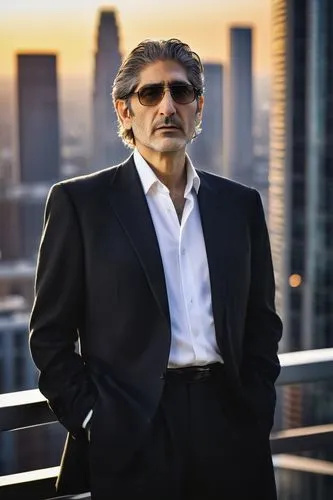 Michael Imperioli, mature gentleman, 50s, facial hair, glasses, formal wear, black suit, white shirt, black tie, standing, architectural background, modern skyscraper, steel structure, glass façade, u