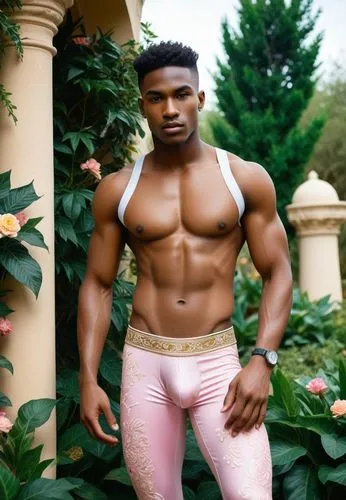 The scene is set in a lush garden, with vibrant flowers and herbs growing in the gentle breeze. A African chad Student top Model muscular adonis men with perfect body and wearing süpergold 3D-Meisterw