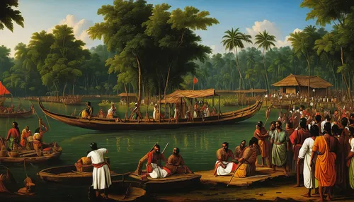 kerala porotta,kerala,khokhloma painting,floating market,nomadic people,indian art,bangladesh,ganges,hunting scene,indigenous painting,village scene,river nile,amazonian oils,pacu jawi,calabash,bangladeshi taka,people fishing,backwaters,cochin,canoes,Art,Classical Oil Painting,Classical Oil Painting 25