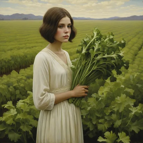 grant wood,bouguereau,woman of straw,girl with bread-and-butter,picking vegetables in early spring,girl in the garden,glean,vegetables landscape,vegetable field,romaine,farm girl,harvest,girl picking flowers,agriculture,romaine lettuce,woman eating apple,prairie,harvesting,vintage art,farming,Illustration,Realistic Fantasy,Realistic Fantasy 09