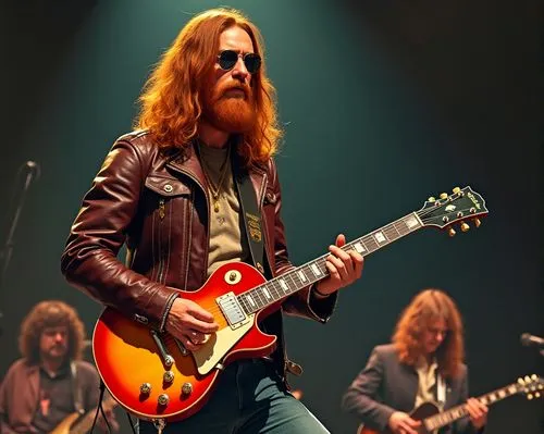 Un hombre alto, de unos 20 años de edad, cabellos largos y lisos de color rojizo, barba, chaqueta de cuero estilo años 1970 y con lentes de aviador, toca la guitarra en frente del público. Él está toc