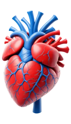 Human heart, detailed anatomy, realistic texture, beating motion, red blood vessels, blue pulmonary veins, auricle, ventricle, 3D composition, soft focus, warm lighting, cinematic rendering, transpare