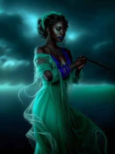 nude Beautiful nigerian girl, full dark curly hair, big green almond eyes, full black lips, misty sky,the black woman in the green dress has a knife in her hands,blue enchantress,violinist violinist o