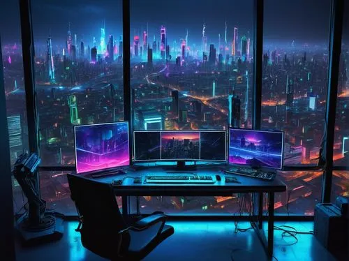 cyberpunk,computer room,computer workstation,the server room,computer desk,blur office background,desk,modern office,cyberspace,fantasy city,working space,cityscape,desktop computer,night administrator,desktop,cyber,workspace,virtual world,pc tower,computer screen,Illustration,Paper based,Paper Based 21