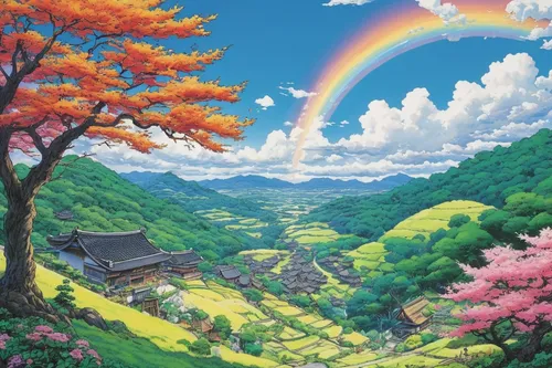 studio ghibli,landscape background,japan landscape,mountain landscape,mountainous landscape,mountain scene,rainbow world map,rainbow background,springtime background,rural landscape,the valley of flowers,high landscape,blooming field,japanese mountains,fairy world,home landscape,rainbow clouds,rainbow bridge,meadow landscape,beautiful landscape,Illustration,Japanese style,Japanese Style 11