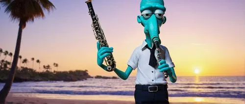 Squidward, posing, octopus-like, slender fingers, pale blue skin, annoyed expression, messy black hair, thick eyebrows, white shirt with a turquoise collar, dark blue pants, holding a clarinet, standi