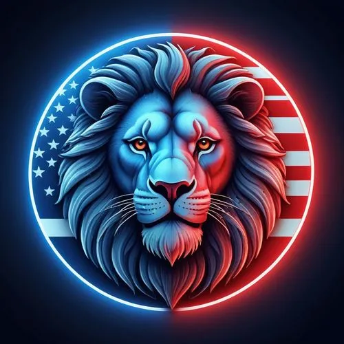 Create a school logo featuring a lion's head in a front view, looking directly at the camera. The lion's head is colored with the USA flag colors red, white, and blue, incorporating white stars within