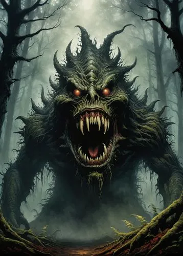 The appearance of a large monster, strange in shape, with scary teeth, the surroundings are covered in darkness, there is fog, and the mouth is wide open.,lycanthrope,lycanthropy,lycanthropes,barghest