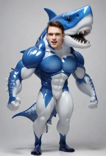 A mistake at the beach.

The guy became blue and white muscle  antro shark, a transparent vinyl toy. The character has an athletic body with blue fins,and a tail. The body of character is made of a vi