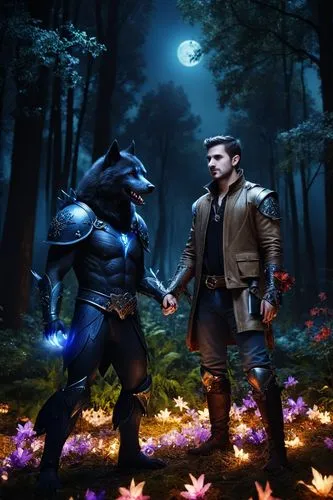 An extremely dark night in an enchanted forest. The forest floor is covered in bioluminescent glowing flowers of varying colors. A werewolf hands a handsome man in medieval lightweight armor and attir