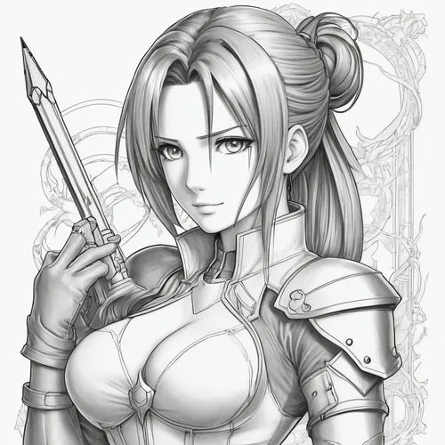 yuanji,aerith,sophitia,swordswoman,shanna,mono-line line art,Illustration,Black and White,Black and White 30