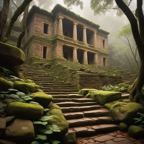 Ancient Cu boulder architecture, massive stone structures, intricately carved details, moss-covered walls, worn-out steps, mysterious ancient ruins, dense jungle surroundings, vines crawling up the wa