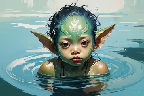 po wen alien child water sprite creature design photoshop painting,merfolk,water creature,water lotus,aquatic herb,water nymph,goblin,waterlily,green water,water lily bud,water lily,fantasy portrait,d