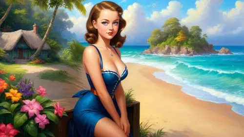 Romantic masterpiece oil painting, beautiful girl portrait, nostalgic 1950's style kitsch, vibrant rainforest,  seaside cottage landscape, lush tropical jungle paradise, summer beach scenery, by Thoma