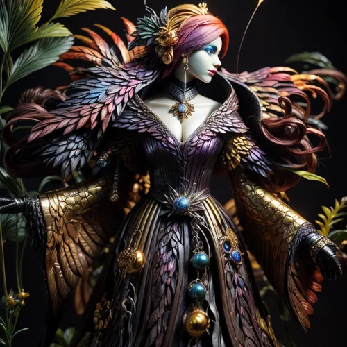 fairy peacock,faery,faerie,monarch,fairy queen,fantasy portrait,fantasy art,the enchantress,sorceress,vanessa (butterfly),feathers bird,fae,fantasy woman,flora,rosella,harpy,elven flower,crow queen,fairy tale character,aurora butterfly