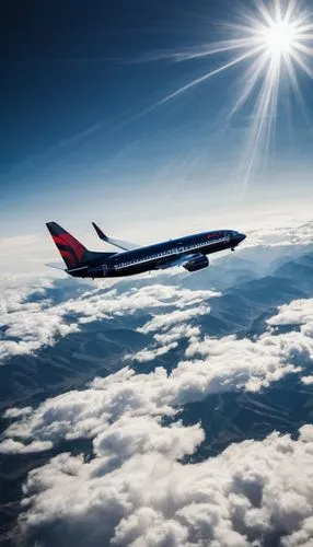 Delta Flight 287, commercial airliner, Boeing 737-800, shiny metallic body, blue and red stripes, winglets, engines, wheels, landing gear, cloudy sky, sunny day, contrail, fluffy white clouds, 30,000 