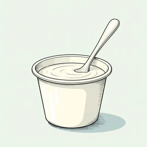 A simple yogurt cup with a small spoon coming out of it. The outline of the cup is rounded, and the drawing is made with soft lines, without color fill.. just the lines no color just with black lines,