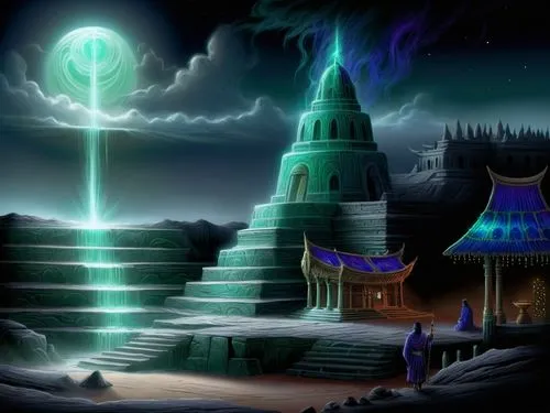 a painting of an oriental city surrounded by futuristic lights,ancient city,alfheim,cartoon video game background,tiberium,artemis temple,everquest,khandaq,undercity,atlanteans,fantasy picture,fantasy