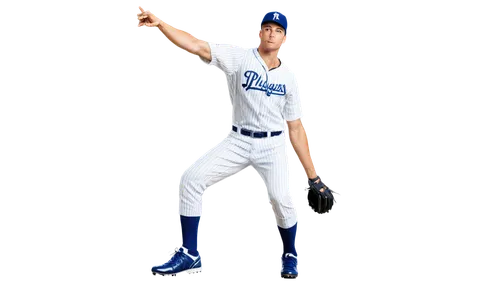 Baseball player, male athlete, dynamic pose, throwing motion, baseball glove, white uniform, blue stripes, cleats shoes, muscular arms, focused facial expression, sweat droplets, afternoon sunlight, s