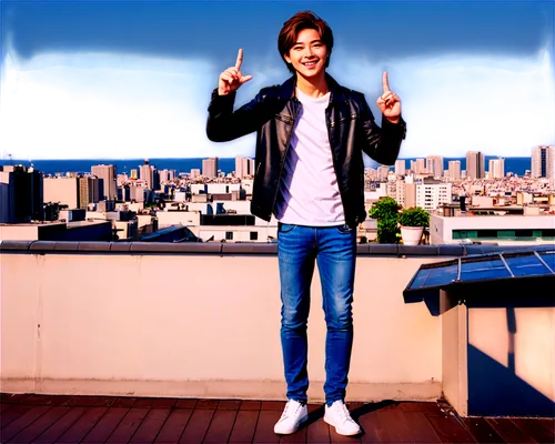 Photographer, male, casual, (25yo), messy brown hair, bright smile, Canon EOS camera, black leather jacket, white shirt, dark blue jeans, sneakers, holding reflector, standing, urban rooftop, afternoo