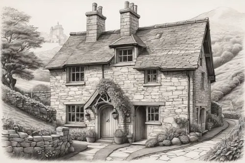 country cottage,lincoln's cottage,witch's house,cottage,crooked house,house drawing,elizabethan manor house,stone house,ludgrove,maplecroft,thatched cottage,polwhele,ancient house,turville,traditional house,broadacre,winkworth,cotherstone,country house,hostelry,Illustration,Black and White,Black and White 30