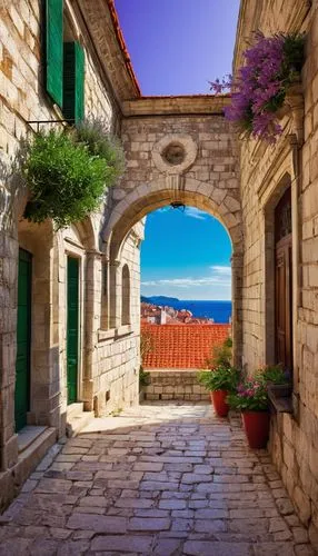 Croatian style building, ornate Baroque details, red-tiled roof, white stone walls, grand entrance with columns, intricately carved wooden doors, ornamental balconies, flower-filled window boxes, narr