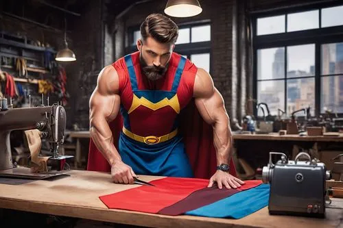 Male, muscular man, 30s, intense gaze, short brown hair, beard, apron, workshop background, various fabrics, threads, scissors, sewing machine, half-finished superhero costumes, colorful fabrics, cape