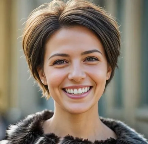 a smiling woman with short hair,wallis day,rosa khutor,pixie-bob,pixie cut,romanian,iranian,orlova chuka,swedish german,cosmetic dentistry,management of hair loss,birce akalay,killer smile,arab,riopa 