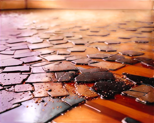 Vomit on floor, messy splatter, brown liquid, scattered chunks, tiles or wooden floor, close-up shot, shallow depth of field, warm lighting, realistic texture, detailed reflection, 3/4 composition.,fl