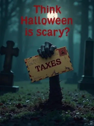 In a dark, eerie cemetery at night, a decaying zombie hand bursts from the ground grasping an official government-stamped letter complete with a seal and markings but with the word "TAXES" written in 