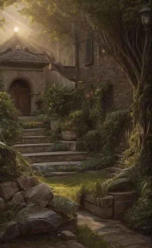 beautiful garden, man and woman, green coding ,robert duncanson,home landscape,violet evergarden,hobbiton,the threshold of the house,studio ghibli,background with stones,secret garden of venus,ancient