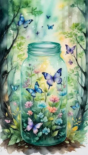 glass jar,empty jar,watercolor background,butterfly background,honey jar,mason jar,jar,watercolor floral background,glass container,blue butterfly background,tea jar,springtime background,fairy lanterns,watercolor tea,blue butterflies,honey jars,candy jars,jars,butterflies,spring background,Illustration,Paper based,Paper Based 25