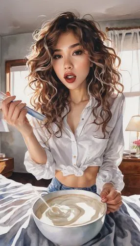 girl with cereal bowl,aquafaba,avena,whipping cream,potato soup,girl in the kitchen,Illustration,Paper based,Paper Based 25