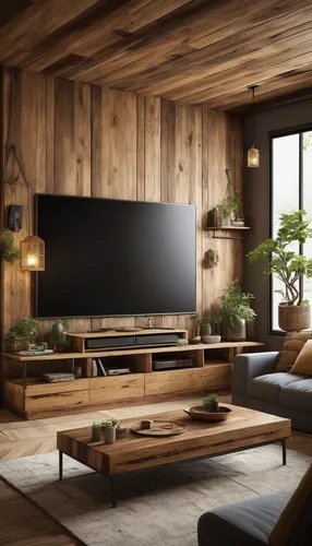 living room modern tv,home theater system,tv cabinet,modern living room,entertainment center,living room,wooden beams,television set,livingroom,danish furniture,tv set,modern decor,smart tv,wooden mockup,plasma tv,projection screen,scandinavian style,wooden planks,wooden wall,home cinema,Illustration,Realistic Fantasy,Realistic Fantasy 08