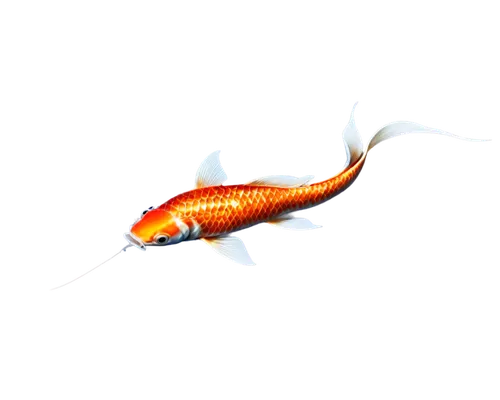 Koi fish, colorful scales, swimming pose, aquatic plants, water ripples, soft focus, shallow depth of field, warm lighting, 3/4 composition, vibrant orange, white, and black colors, delicate fins, gen