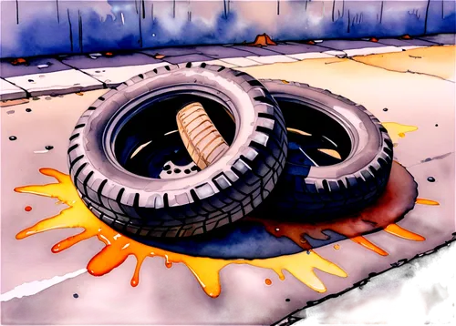 Flat tyre, cartoon style, rounded shape, deflated centre, shiny surface, bright colours, white highlights, black outlines, comedic expression, lying down, abandoned, urban setting, morning sunlight, 3