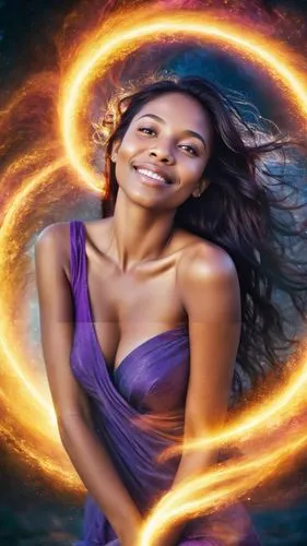 In a mystical world, a radiant woman with radiant passion swirls and shimmers, radiating warmth. Her expression is radiating a fiery expression, conveying the power and mystery of her Earth in a blazi