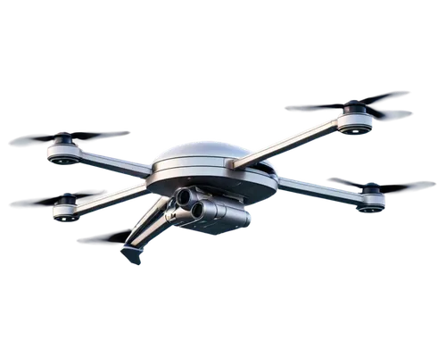 Drone, aerial view, metallic body, rotors spinning, high-tech gadgets, camera mounted, sleek design, silver accents, hovering in air, cityscape background, sunset lighting, panoramic composition, shal