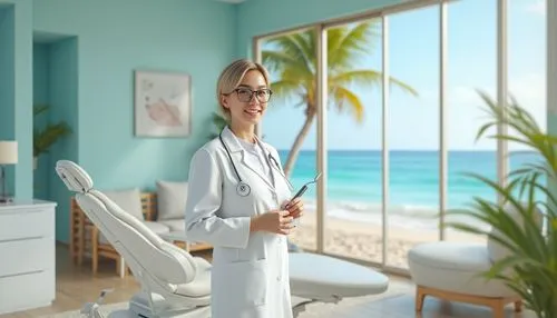 Beach-inspired dental clinic, modern minimalist interior, calming ocean blue walls, white furniture with natural wood accents, comfortable waiting area with plush sofas, coffee tables with coastal-the