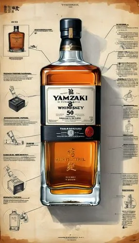 an industrial design sketch of a beautiful Yamazaki 50-Year-Old whiskey ancient whisky bottle, movie poster advertising (construction plan) modern style with some advertising notices,  frozen effect, 